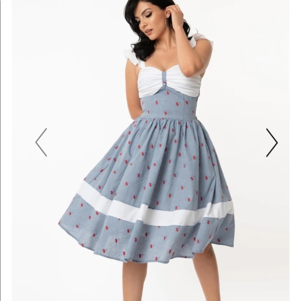 Unique Vintage Chambray & Cherry Print Lola Swing Dress